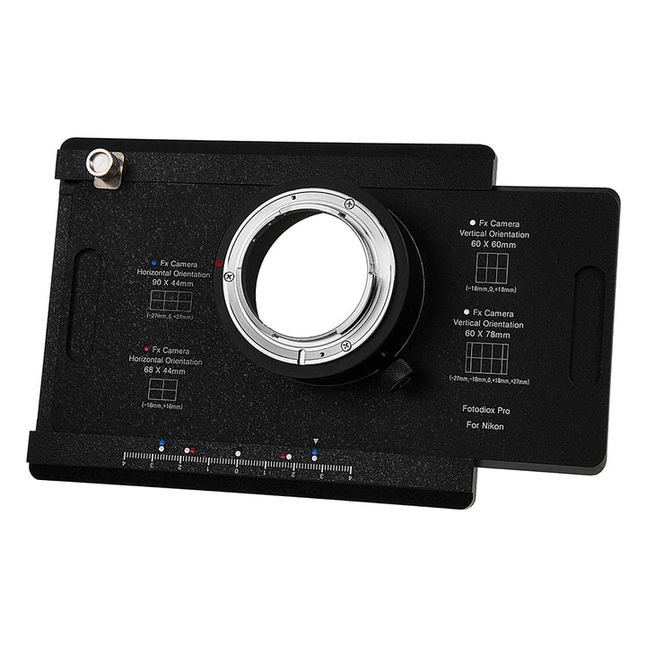Fotodiox Pro Lens Mount adapter - Nikon Nikkor F Mount D/SLR to Large Format 4x5 View Cameras with a Graflok Rear Standard (with Shift / Stitch Adapter) (NikF-4x5-Pro)