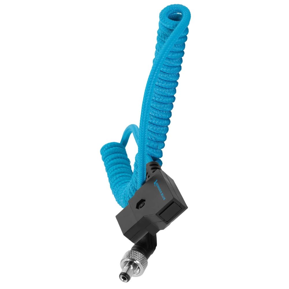 Kondor Blue coiled D-Tap to lock DC 2.1mm angled cable (Atomos Ninja/Shogun)