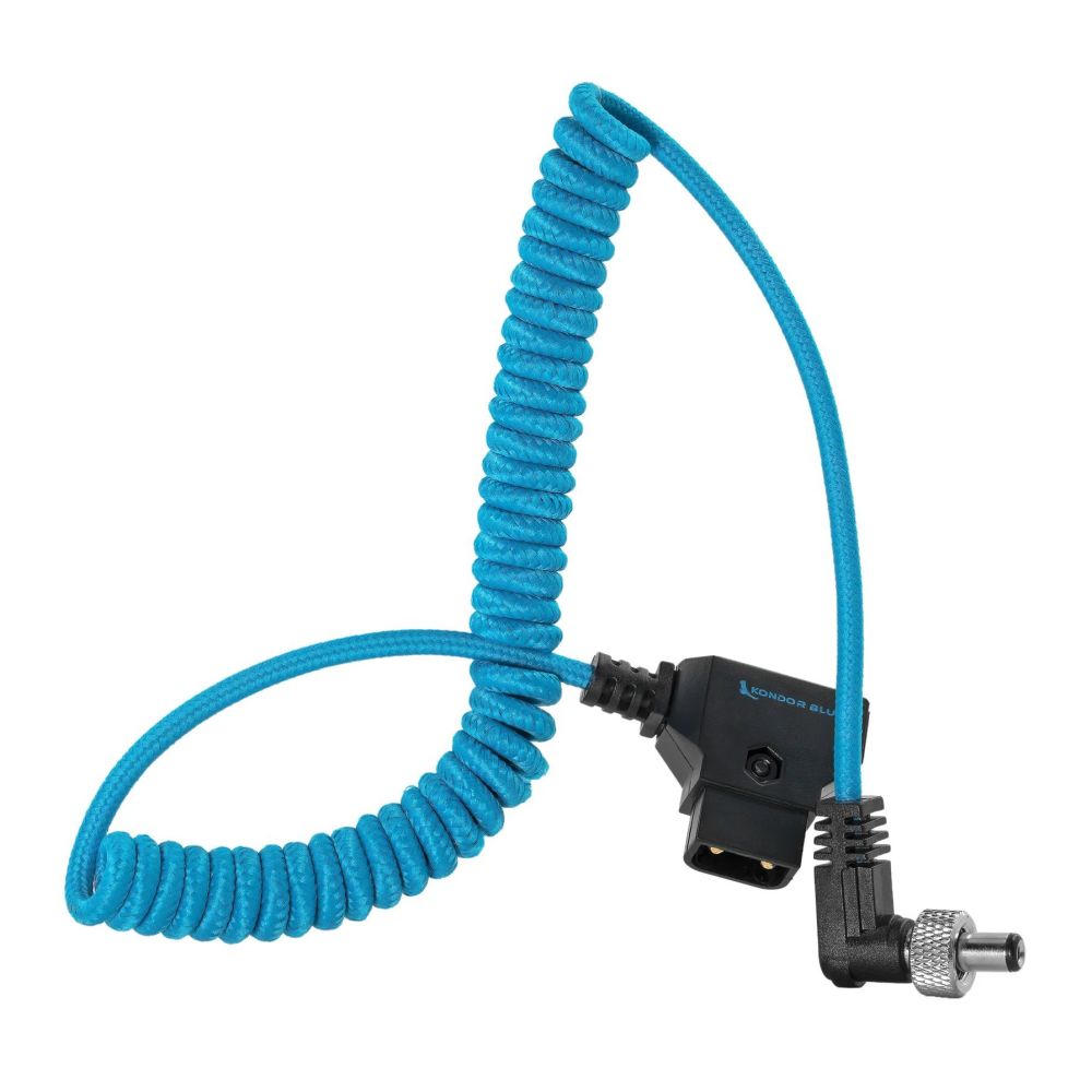 Kondor Blue coiled D-Tap to lock DC 2.1mm angled cable (Atomos Ninja/Shogun)