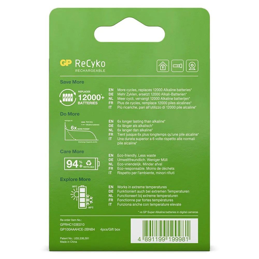 GP NiMH ReCyko AAA 950mAh 1.2V Rechargeable, 4 Pieces