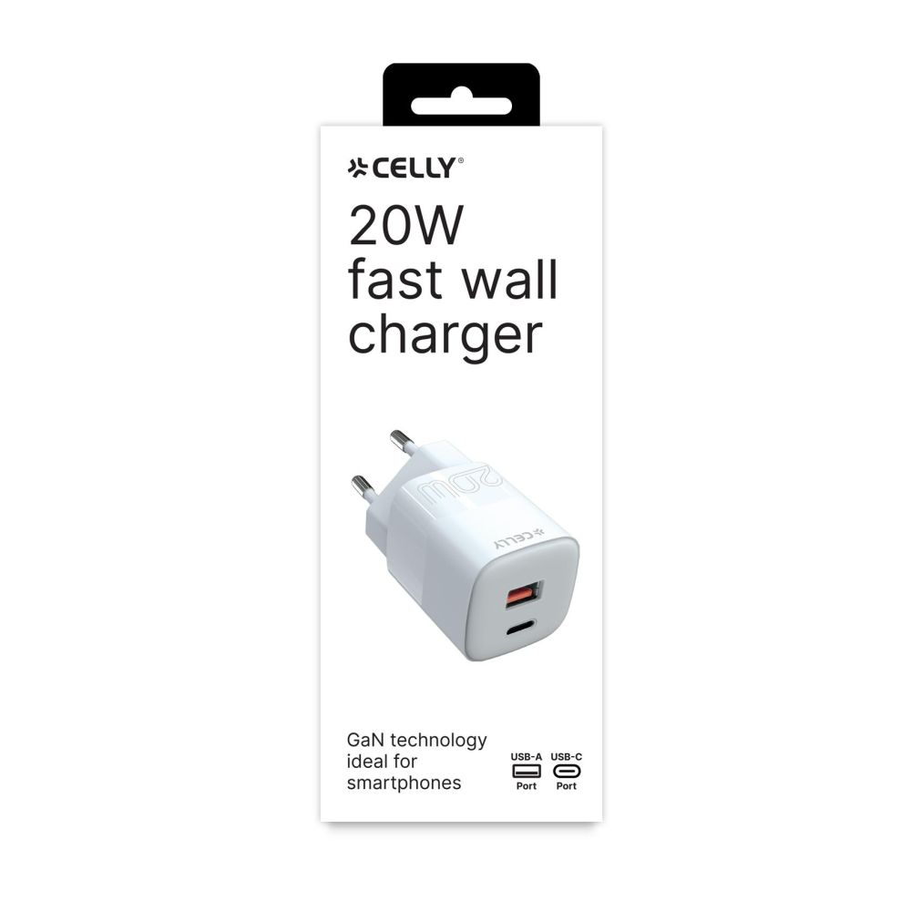 Caricatore da parete Celly 1 USB-A / 1 USB-C, 20W, bianco