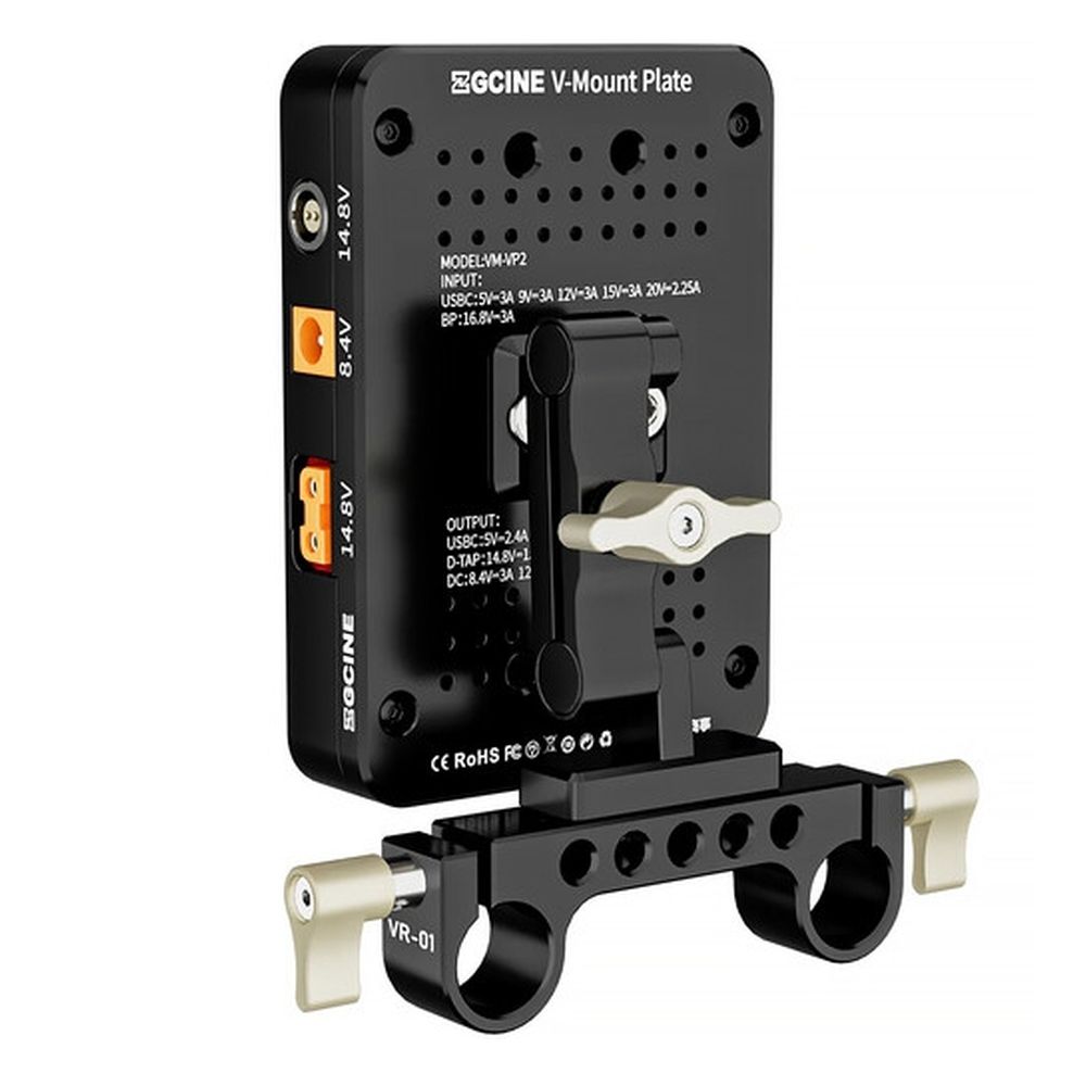ZGCINE tiltable V-mount Plate / charger on 15mm rod mount