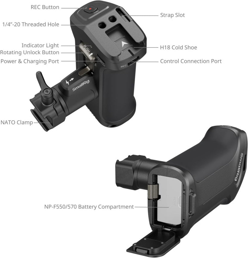 SmallRig 5235 Impugnatura laterale rotante con grilletto REC per alcune fotocamere Canon / Blackmagic Design
