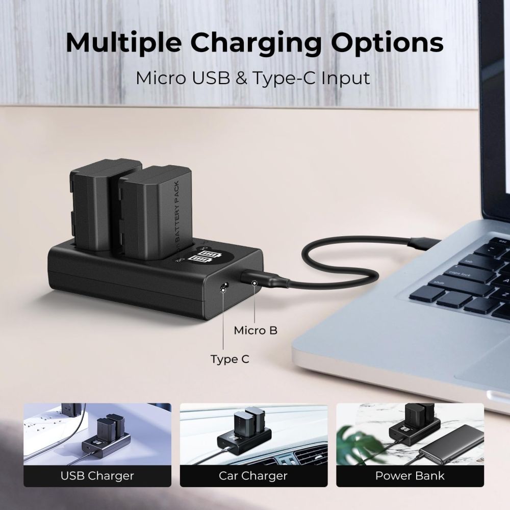 K&F Concept NP-FW50 Dual Battery Charger USB-C with display
