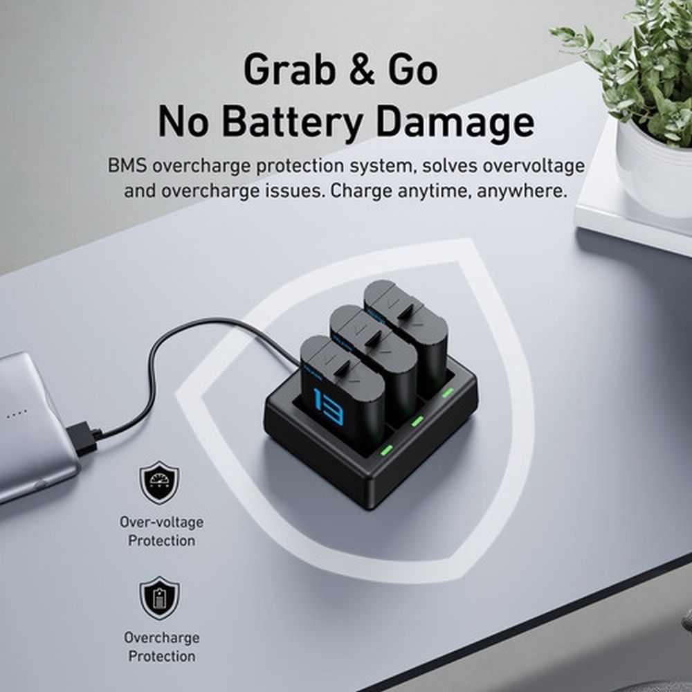 Caricabatterie Telesin per 3 batterie + 2 batterie per GoPro 13