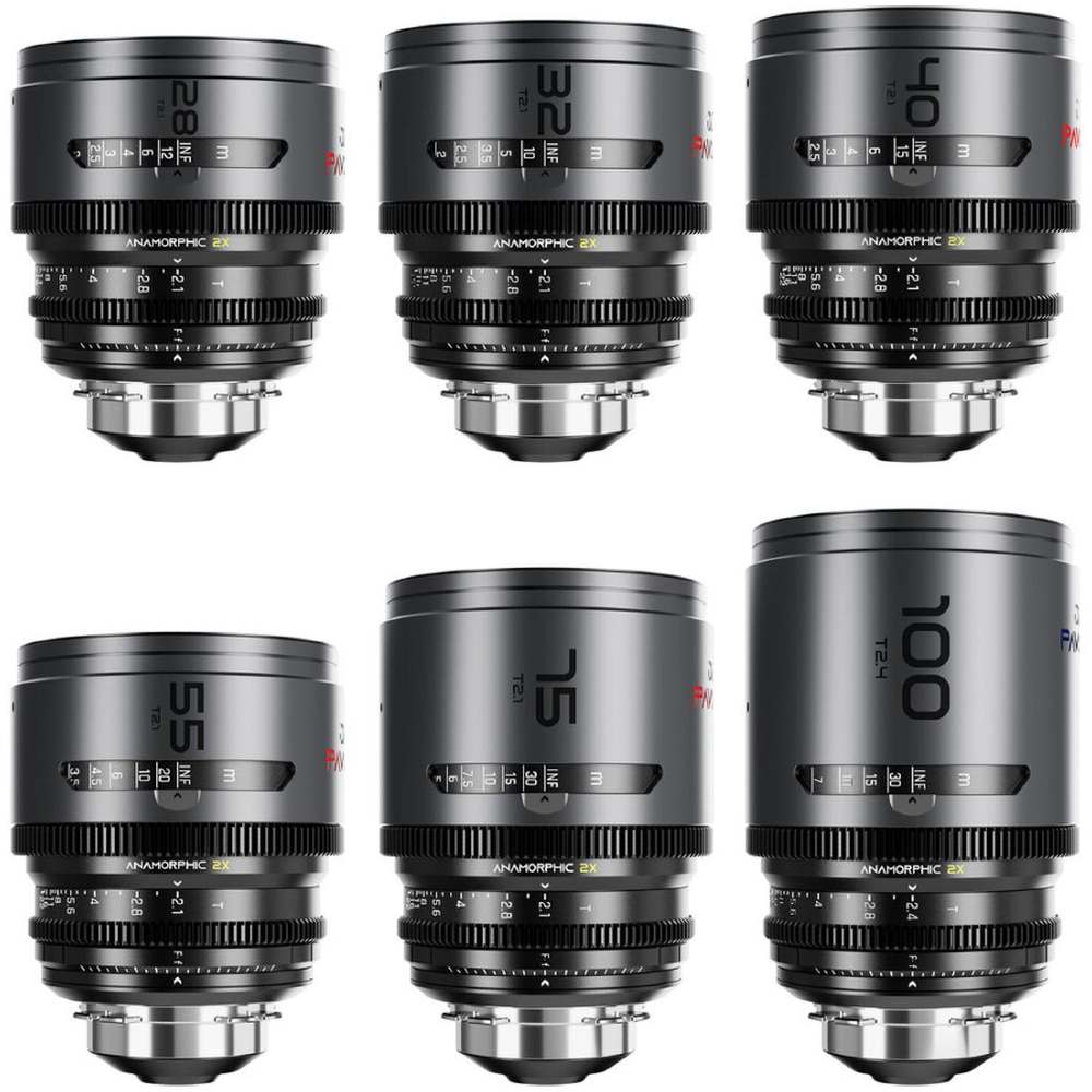 DZOFilm Pavo 2x anamorphic 6-obiettivo set 28/32/40/55/75/100mm T2.1 - Neutral Coating - PL&EF attacco (metric)