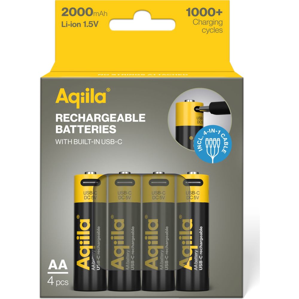 Aqiila AA USB-C Rechargable Battery 1.5V 2000mAh Li-Ion (4x)