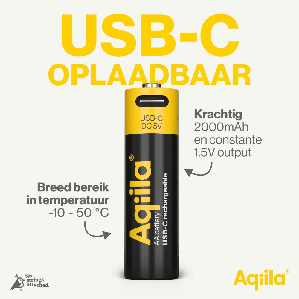 Aqiila AA USB-C Rechargable Battery 1.5V 2000mAh Li-Ion (4x)