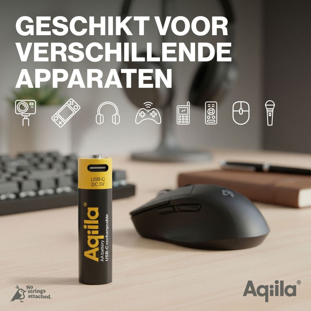 Aqiila AA USB-C Rechargable Battery 1.5V 2000mAh Li-Ion (4x)