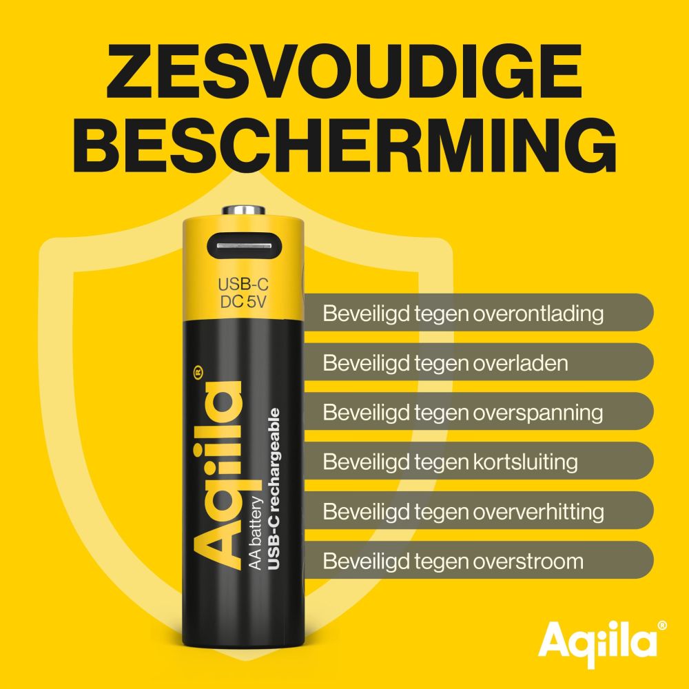 Aqiila AA USB-C Rechargable Battery 1.5V 2000mAh Li-Ion (4x)