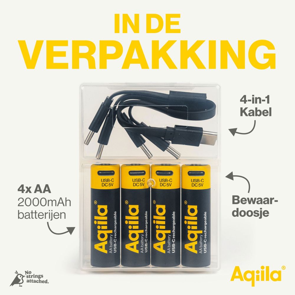 Aqiila AA USB-C Rechargable Battery 1.5V 2000mAh Li-Ion (4x)