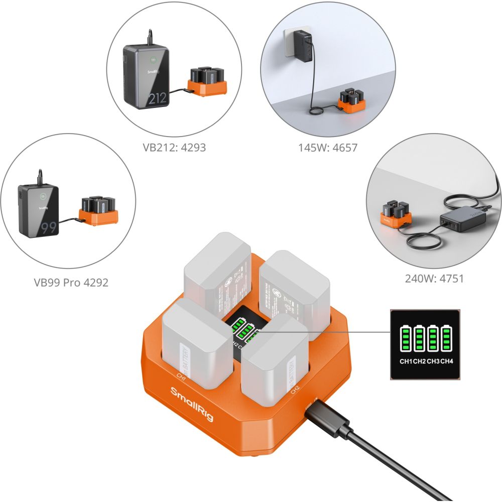 Caricabatterie per batteria a quattro canali per fotocamera SmallRig 5749 per NP-FW50