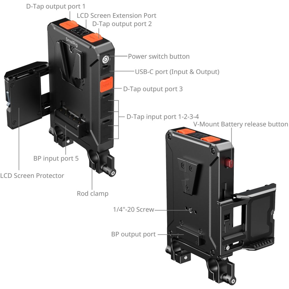 Piastra adattatrice per batteria V-Attacco con gestione intelligente dell'alimentazione SmallRig 5881 (con morsetto a doppia asta da 15mm)
